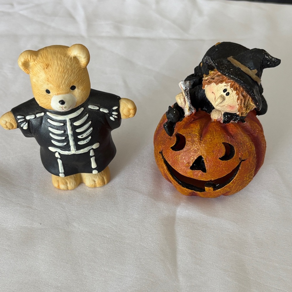 Halloween Bear and Pumpkin Witch Figurines